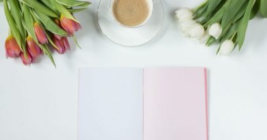 coffee, flowers, notebook